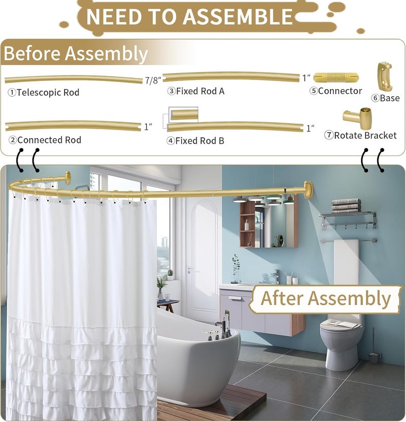 YNL Curved Shower Curtain Rod 35-82In(2.9-6.8Ft), Gold Round Rustproof Shower Rod for Bathroom Bathtub, Adjustable Arched Shower Curtain Rod, Never Rust|Extra Space|Non-Slip|Expandable|Need to Drill. - Image 4